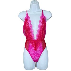 Victoria’s Secret Teddy Bodysuit Lace Pink Red Deep V Intimates S NWT Coquette